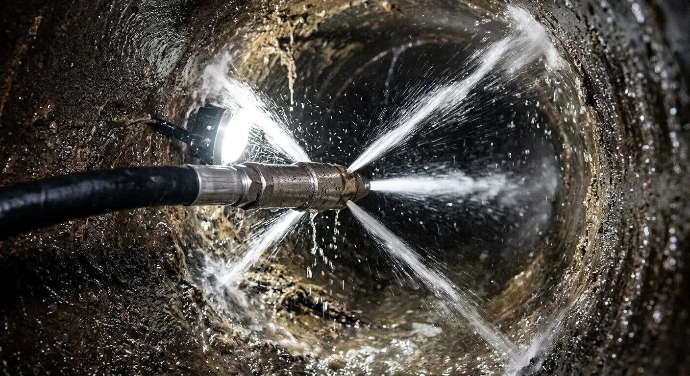 High-pressure hydro jetting nozzle cleaning sewer pipe for Emergency Drain Service in Marietta