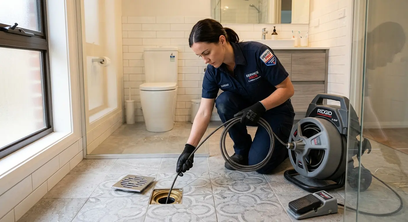 Technician clearing a bathroom floor drain for Sewer Line Installation in Marietta